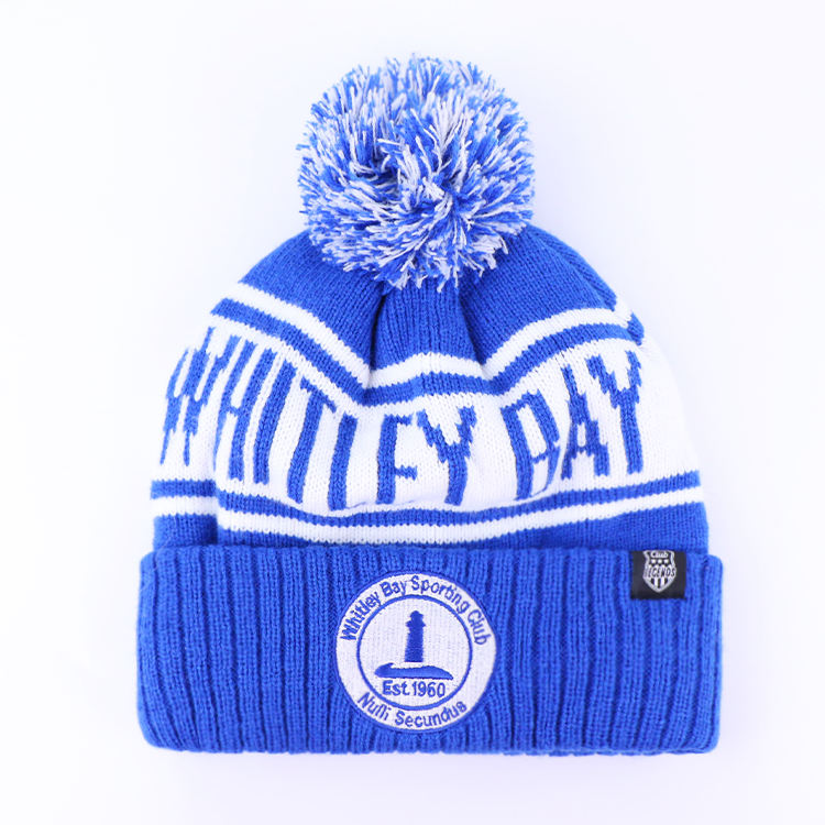 White Bay Sporting Club Blue Cuffed Pom Pom Jacquard Knit Beanie Hat