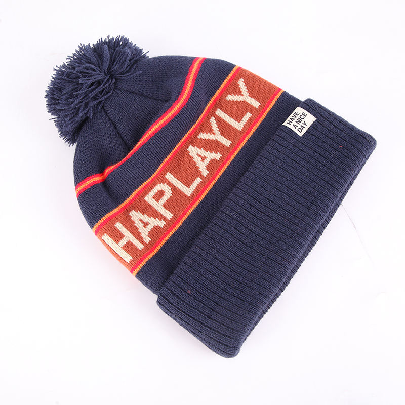 Striped Pom Pom Cuffed Jacquard Knit Beanie Hat