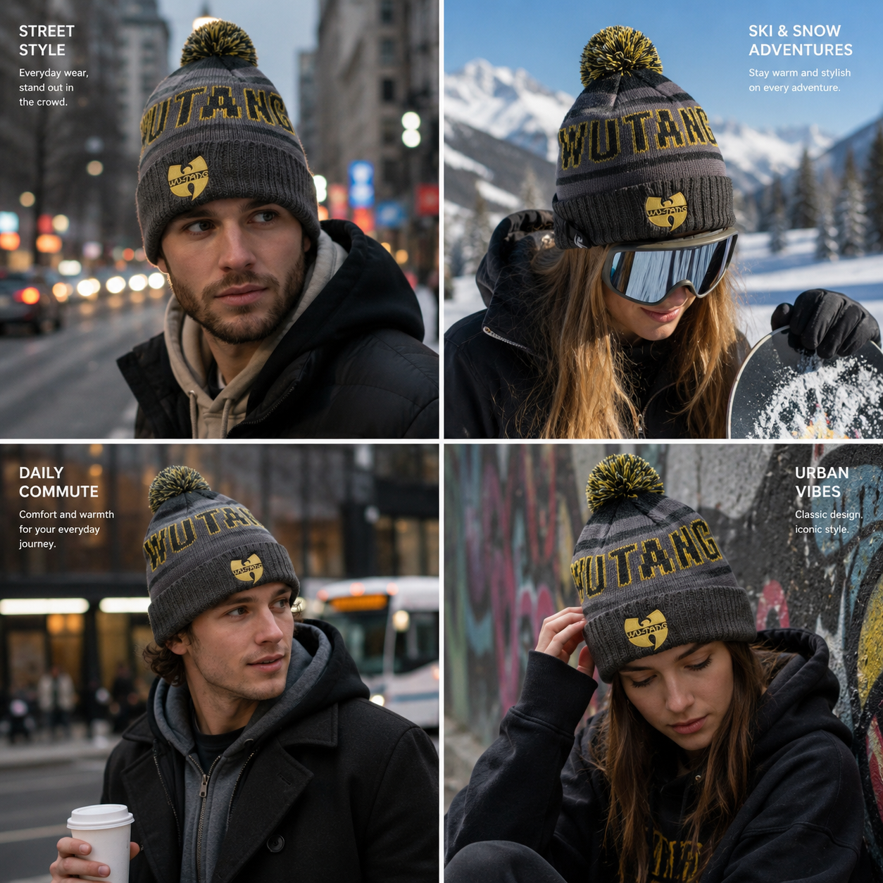 Gray Yellow Jacquard Pom Pom Cuffed Knit Beanie Hat