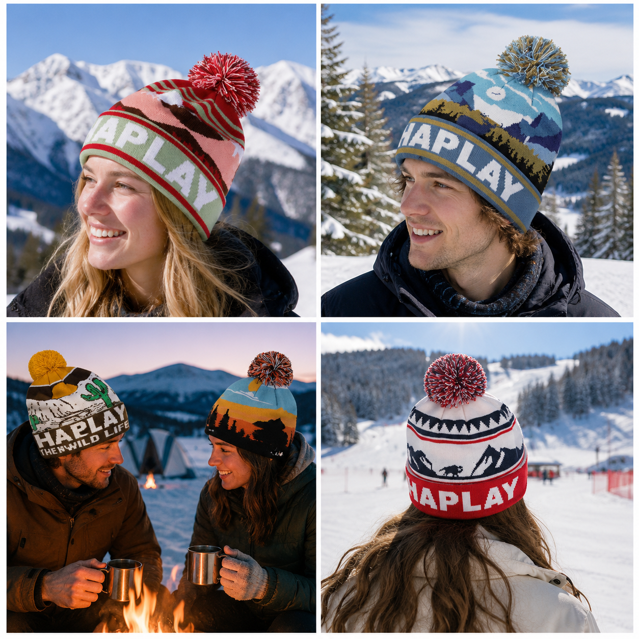 Scenic Landscape Jacquard Pom Pom Cuffed Beanie