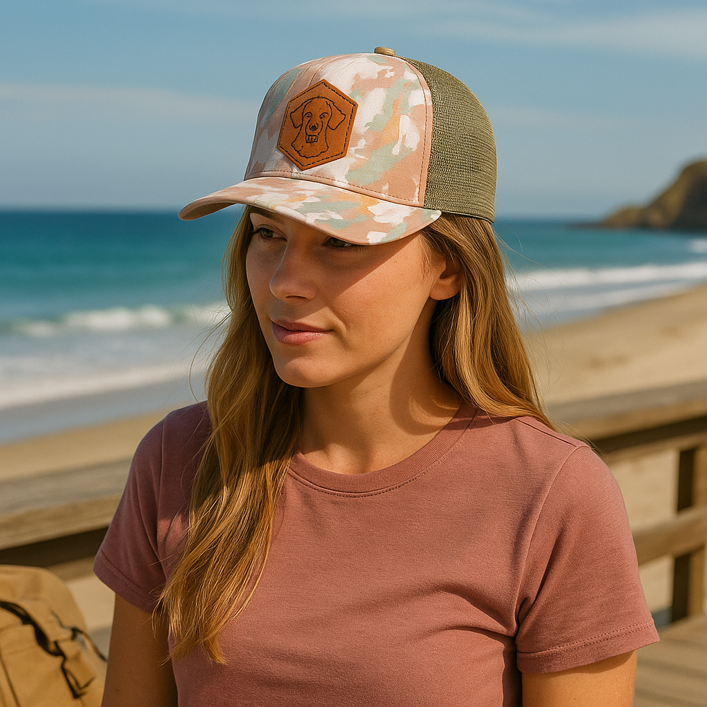 Pastel Camo Mesh Trucker Hat with Dog Logo Leather Patch - Youthful Outdoor Cap