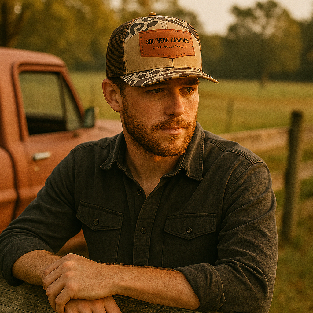 Brown Camo Mesh Back Hat with Leather Southern Casanova Patch