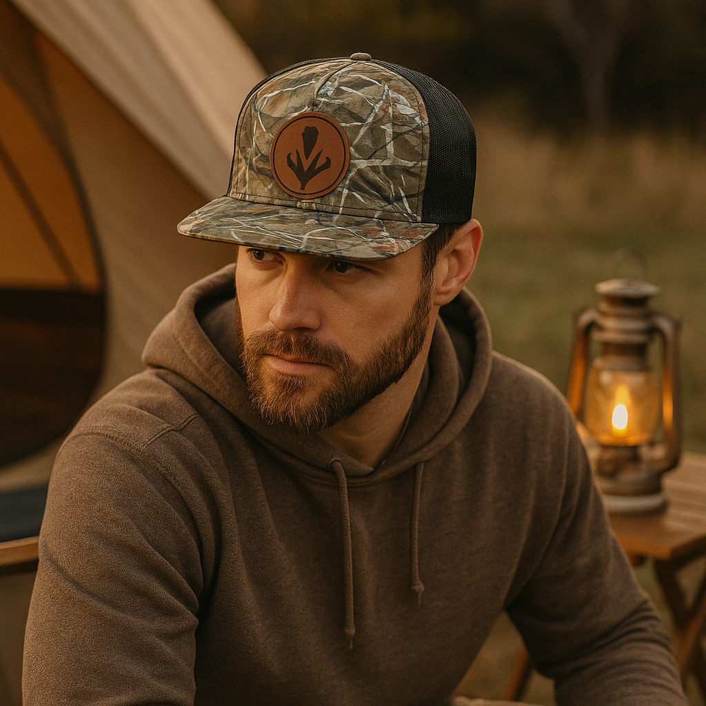 Camo Mesh Trucker Hat with Leather Patch and Flat Brim