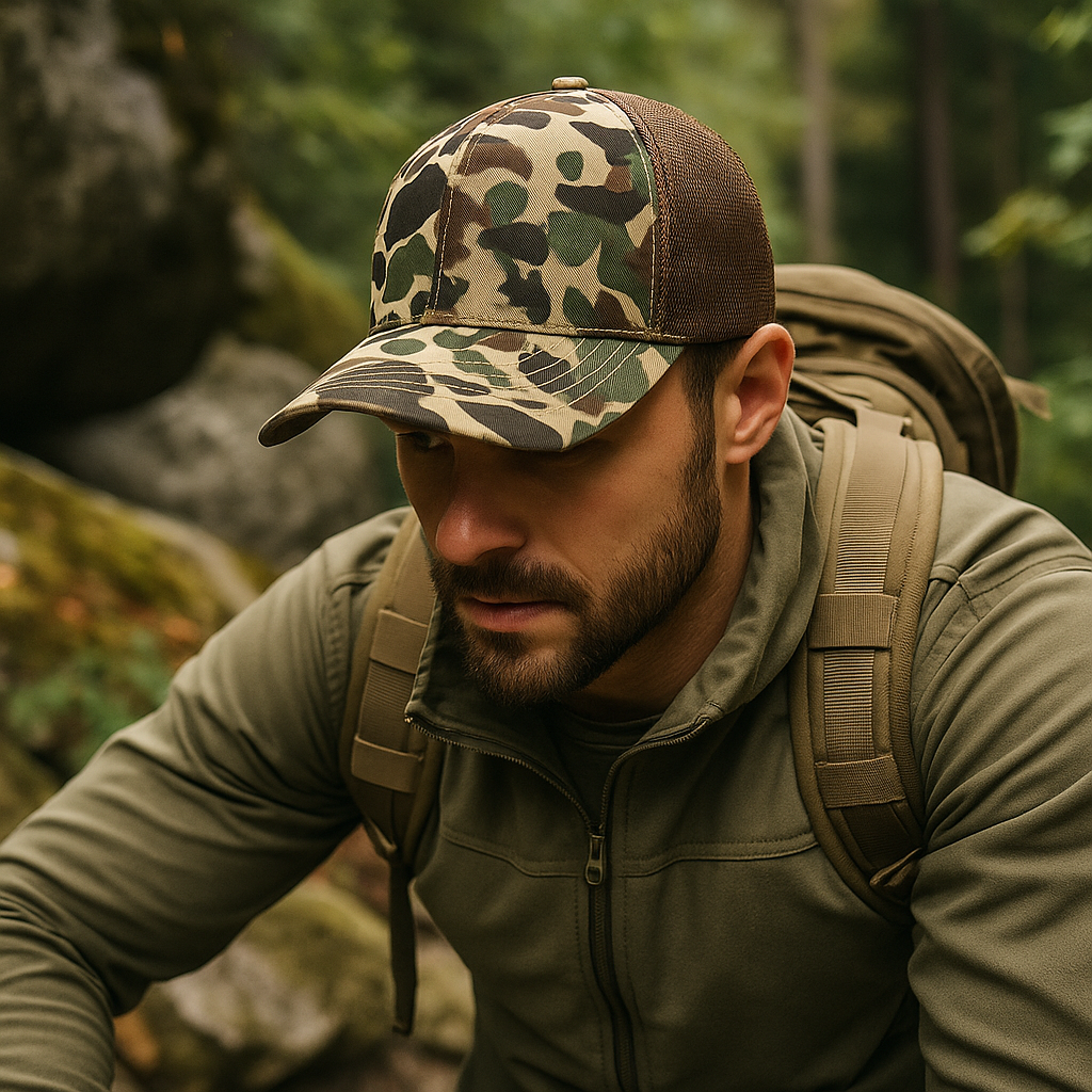 Camo Print Mesh Trucker Hat with Curved Bill – Outdoor Style Cap