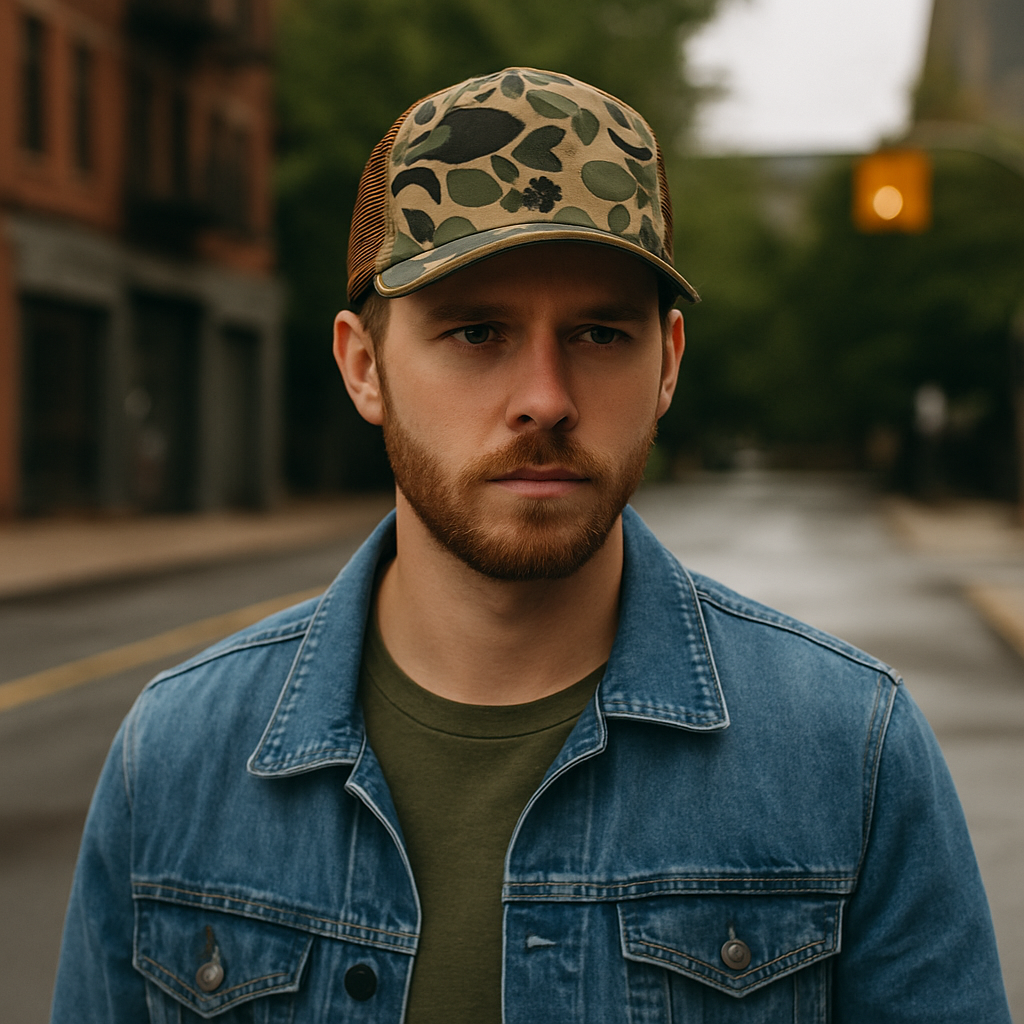 Camo Print Mesh Trucker Hat with Leather Patch Option