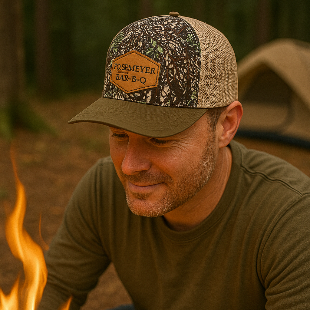 Barbecue Mesh Cap with Camouflage Print and Leather Patch - Casual Outdoor Trucker Hat