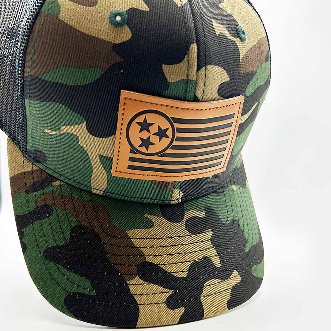 Camo Mesh Trucker Hat with Leather Flag Patch – Outdoor Adventure Cap