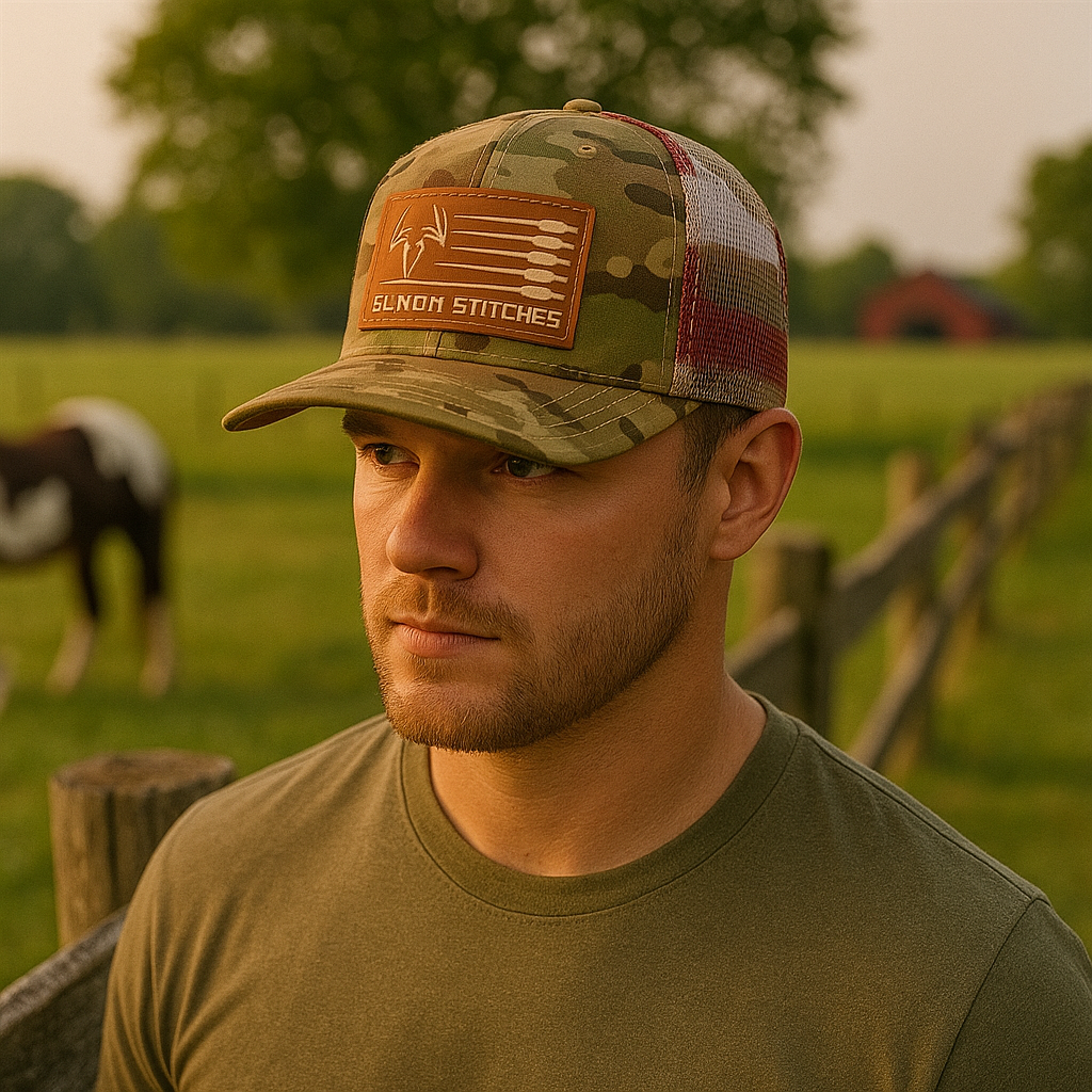 Sling'n Stitches Patriotic Camo Mesh Trucker Hat with Leather Patch