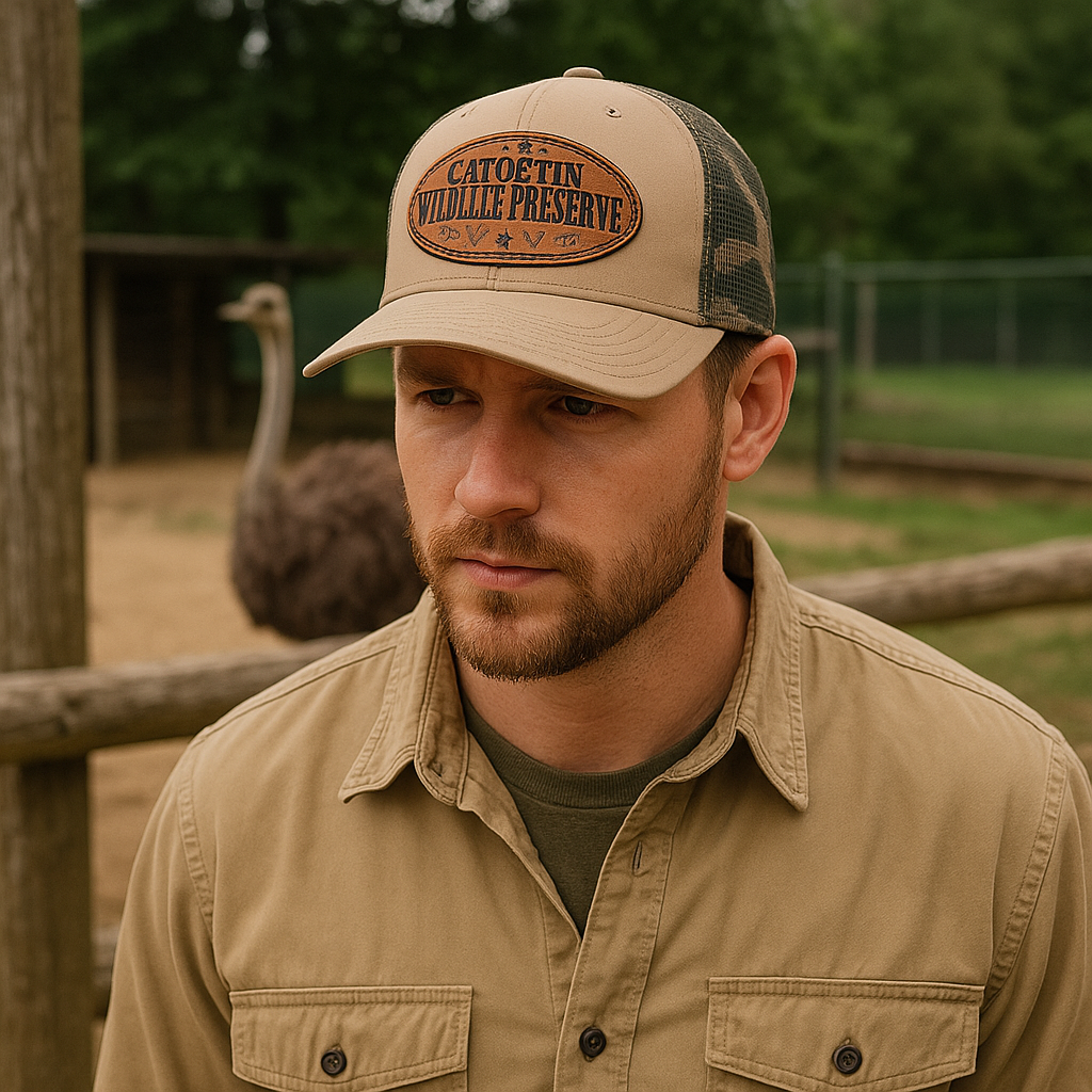 Wildlife Preserve Trucker Hat with Oval Leather Patch and Camo Mesh Back