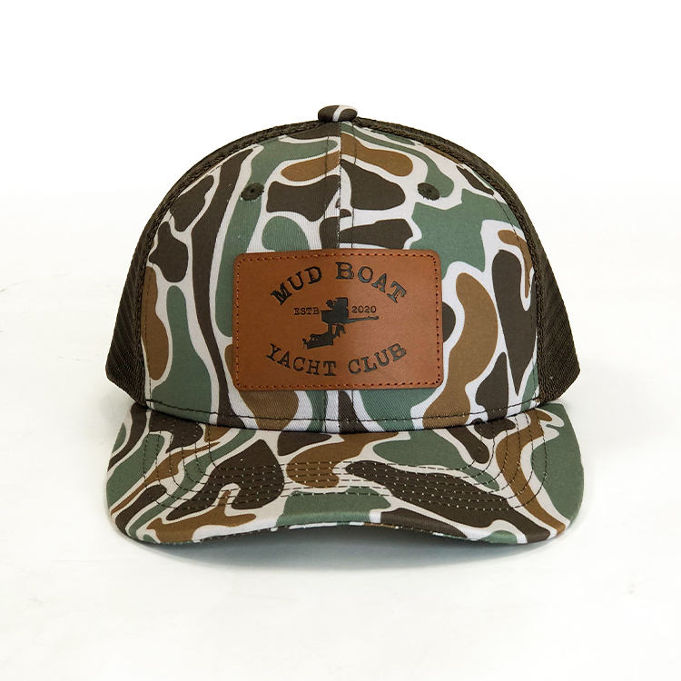 Mud Boat Yacht Club Camo Trucker Hat with Leather Patch