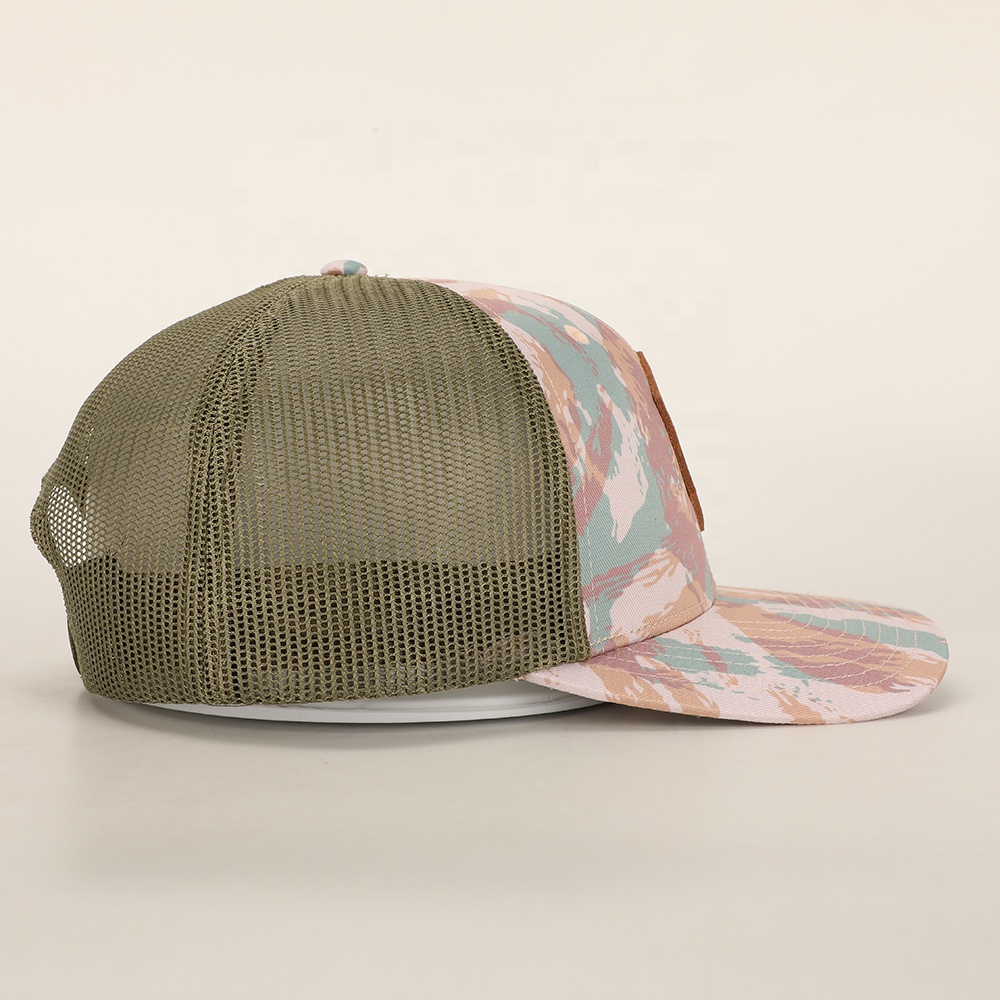 Pastel Camo Mesh Trucker Hat with Dog Logo Leather Patch - Youthful Outdoor Cap