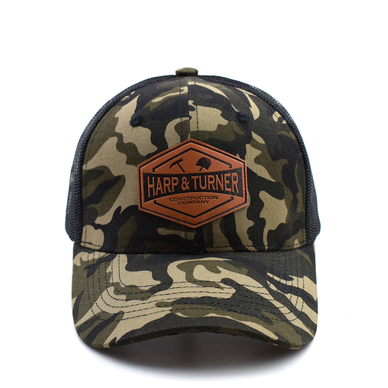 Camo Trucker Hat with Leather Patch – HARP & TURNER Construction Cap