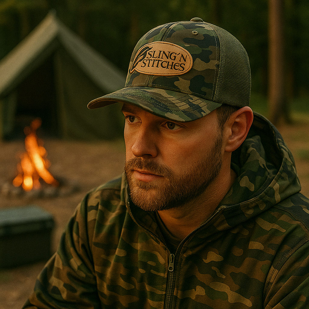 Camouflage Mesh Trucker Hat with Oval Leather Patch - Sling’n Stitches Logo Cap