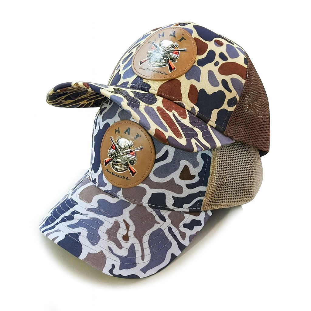 Multicolor Camo Trucker Hat with Round Leather Patch – Outdoor Hunting Cap