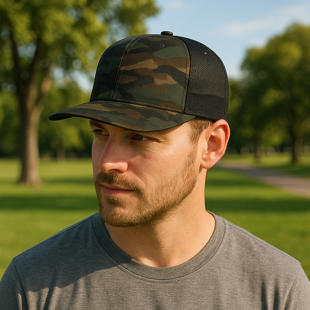 Flat Brim Dark Camo Mesh Trucker Cap with Snapback Closure – Urban Outdoor Style