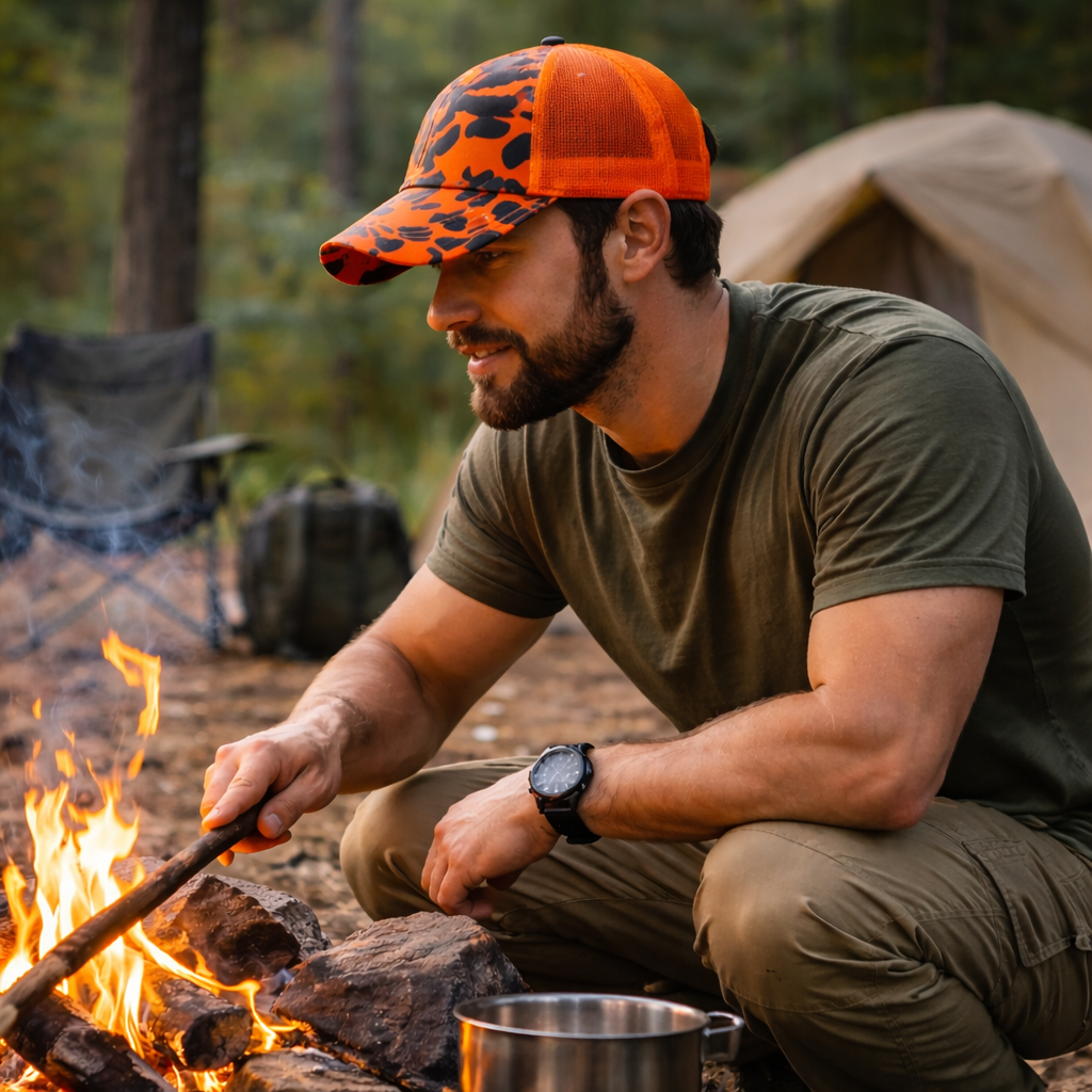 Hi-Vis Orange Camo Mesh Trucker Cap – Adjustable Breathable Snapback Hat
