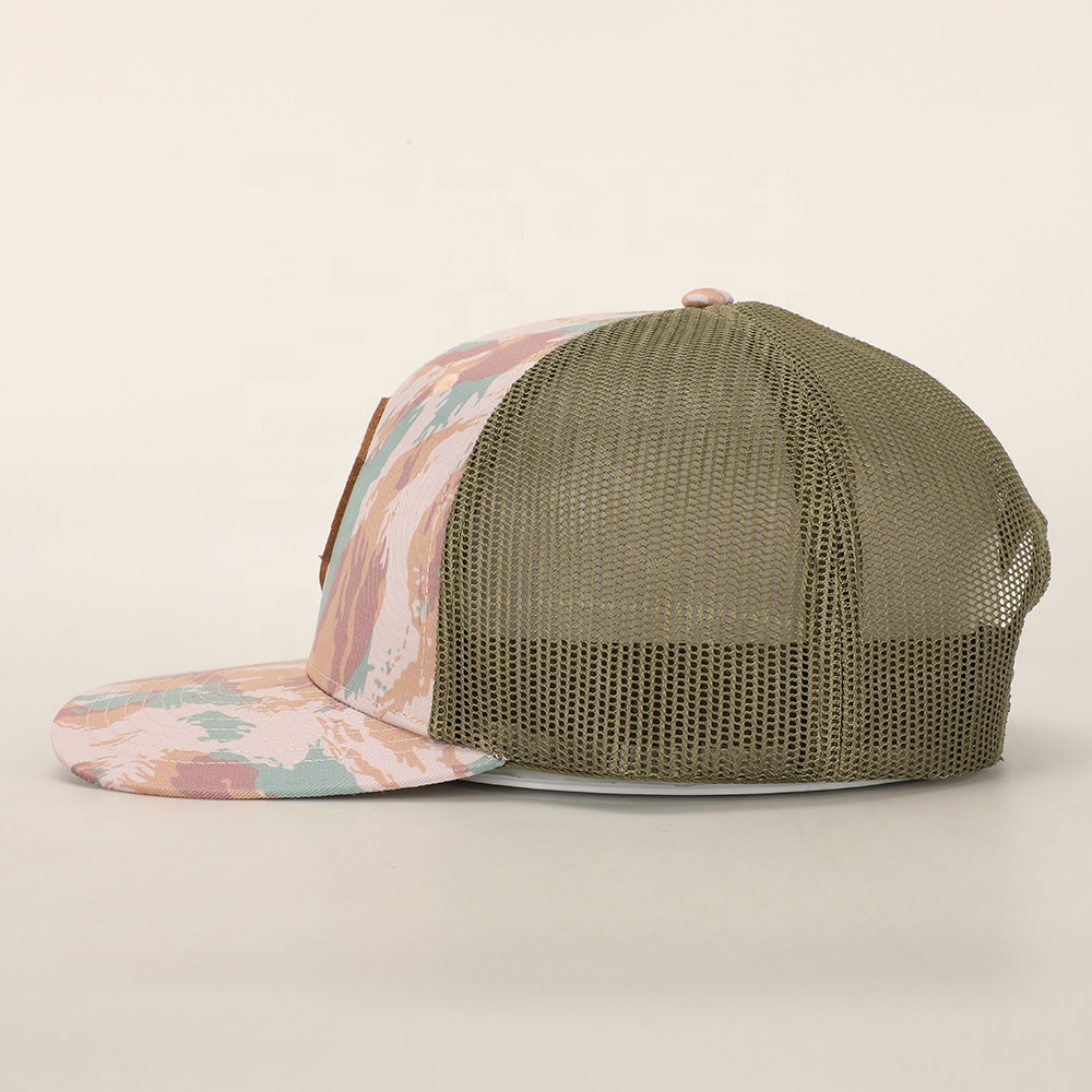 Pastel Camo Mesh Trucker Hat with Dog Logo Leather Patch - Youthful Outdoor Cap