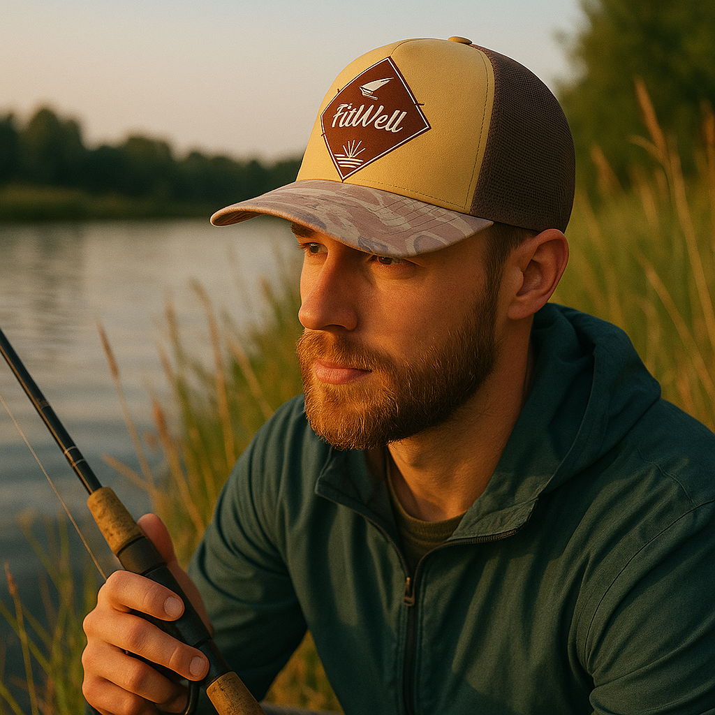 Retro Style Trucker Hat with Camo Brim and FitWell Patch