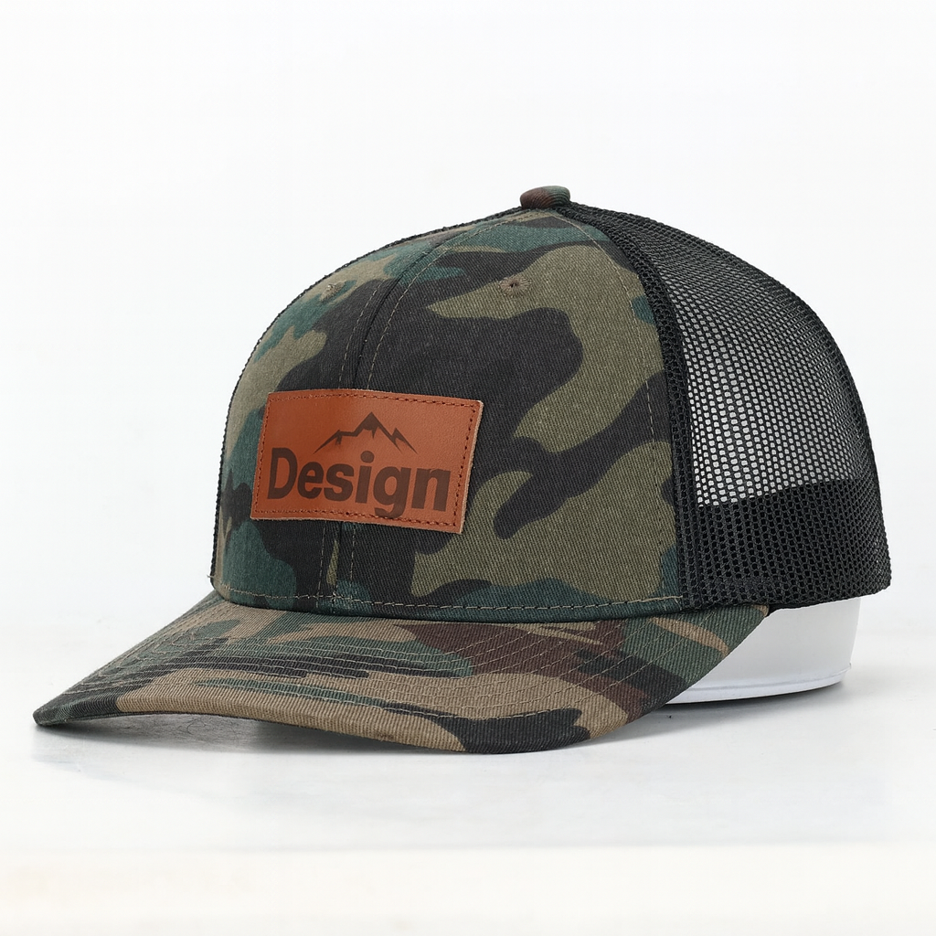 Camouflage Mesh Back Cap with Leather Patch - Stylish and Breathable Trucker Hat