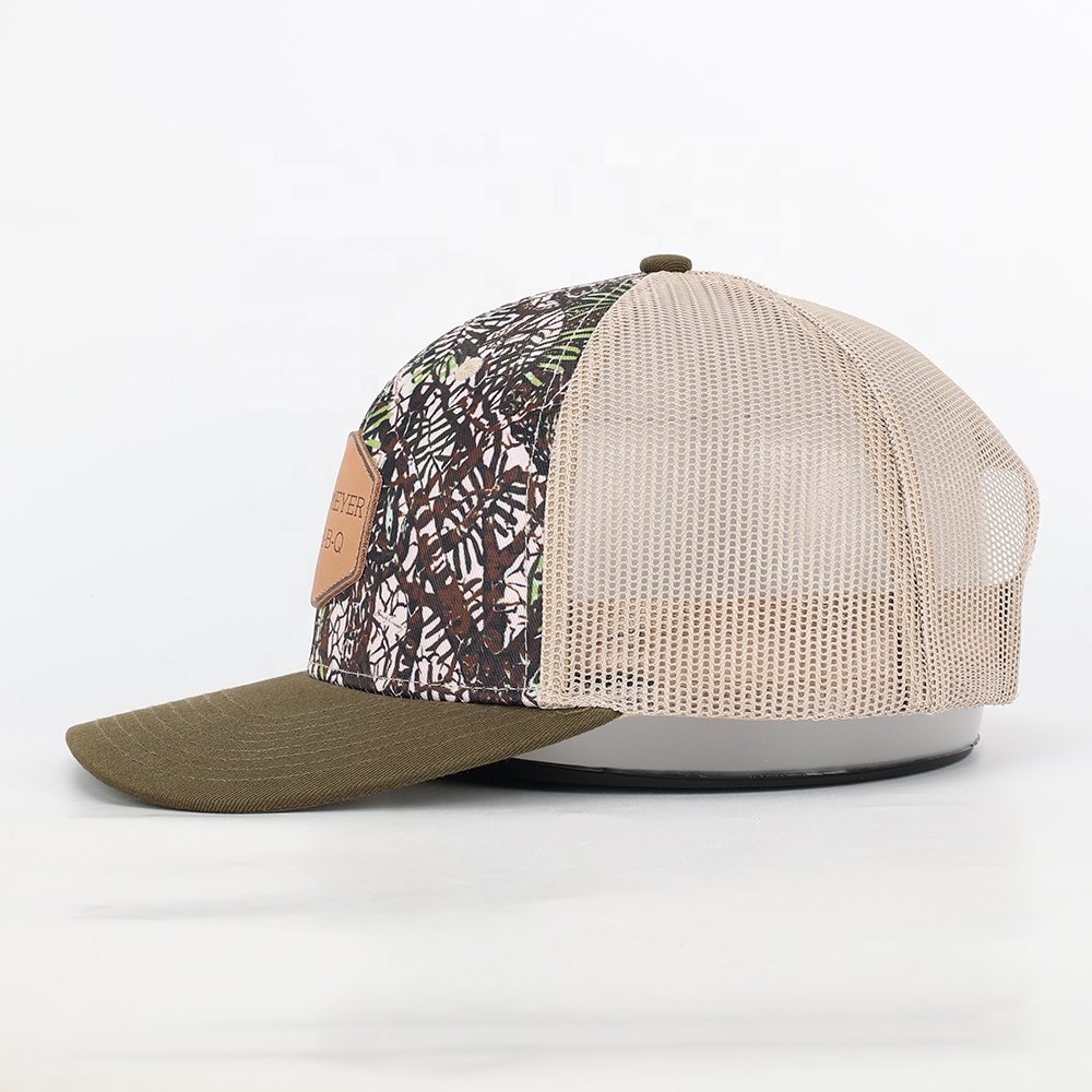 Barbecue Mesh Cap with Camouflage Print and Leather Patch - Casual Outdoor Trucker Hat