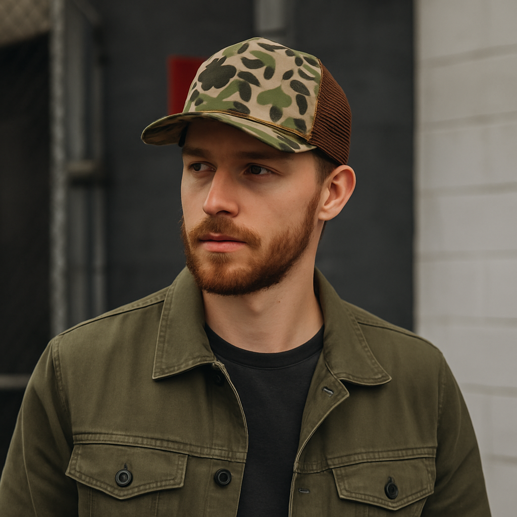 Camo Print Mesh Trucker Hat with Leather Patch Option
