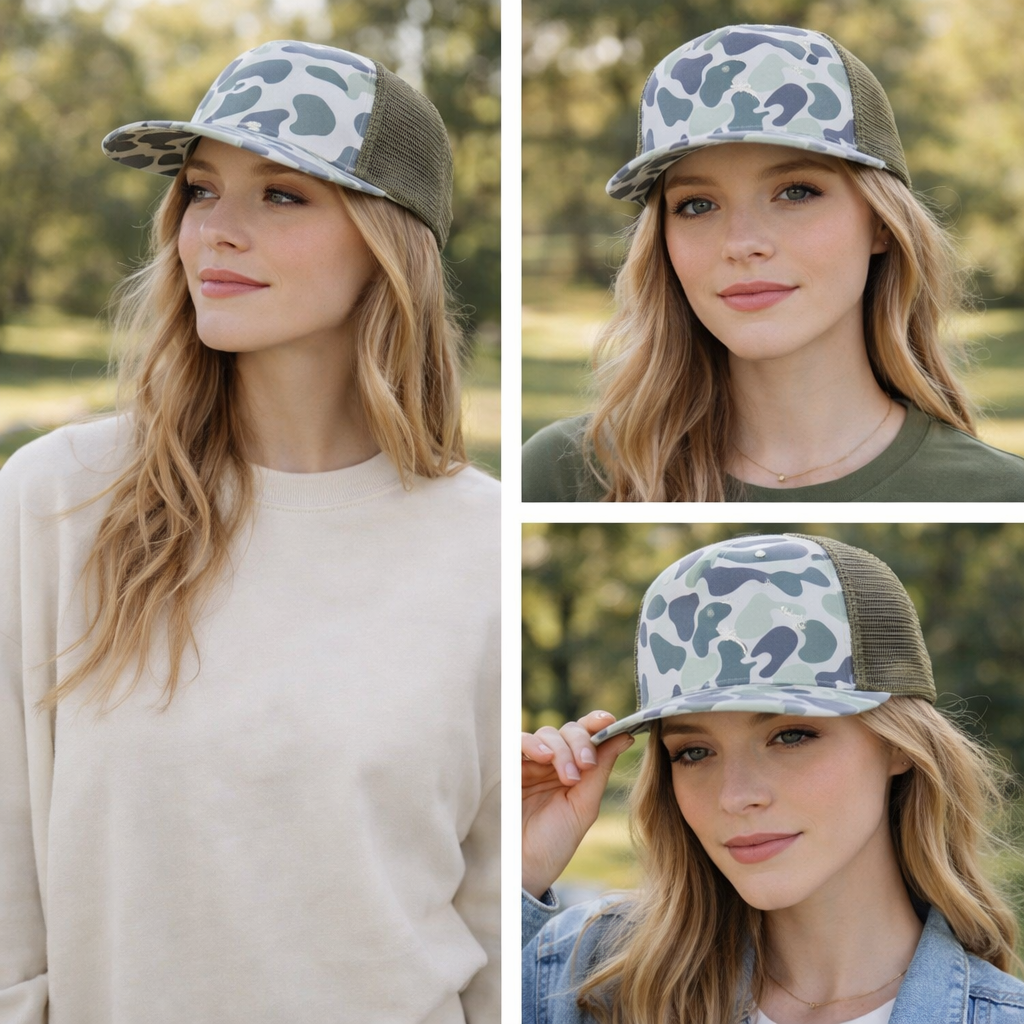 Light Camo 5 Panel Trucker Hat with Mesh Back – Casual Outdoor Snapback