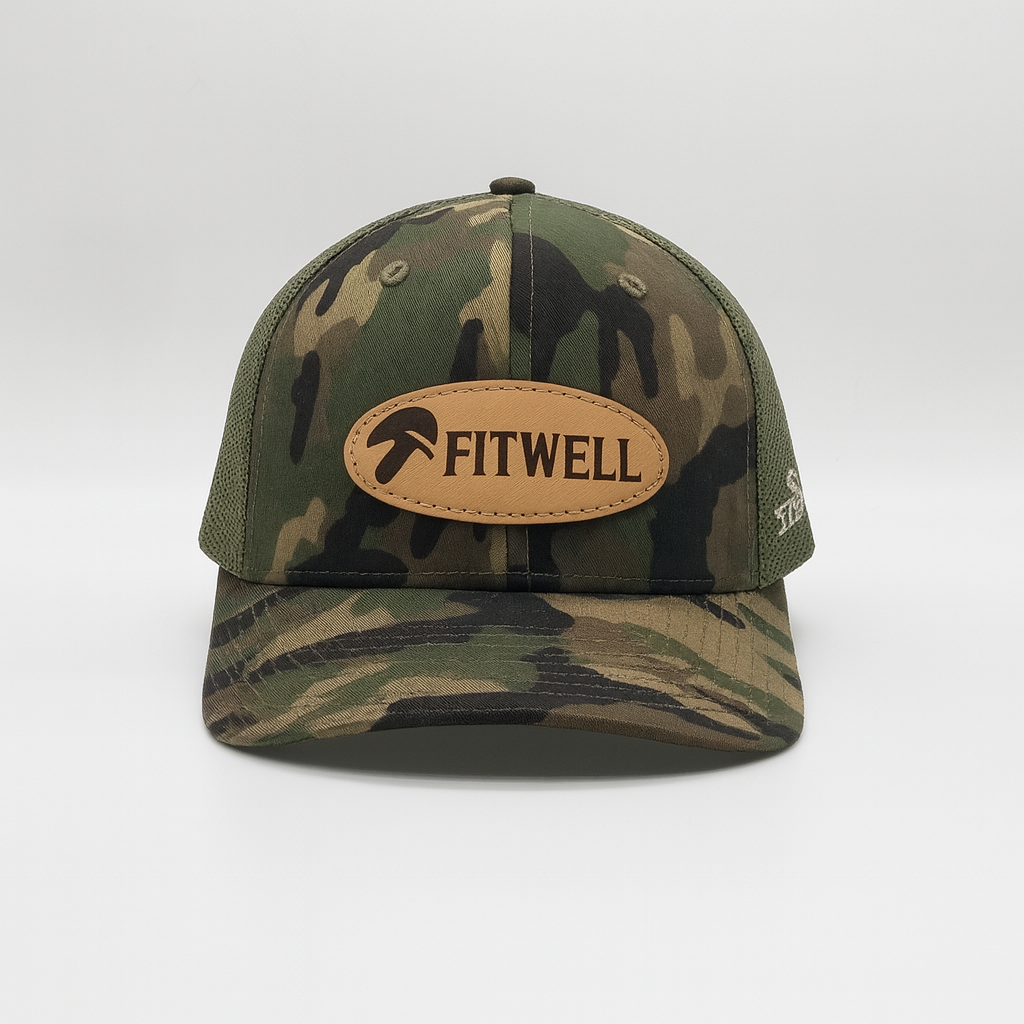 Camouflage Mesh Trucker Hat with Oval Leather Patch - Sling’n Stitches Logo Cap