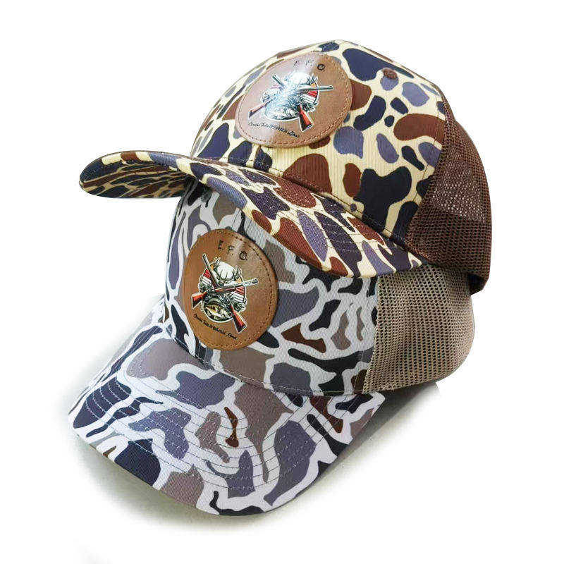 Multicolor Camo Trucker Hat with Round Leather Patch – Outdoor Hunting Cap