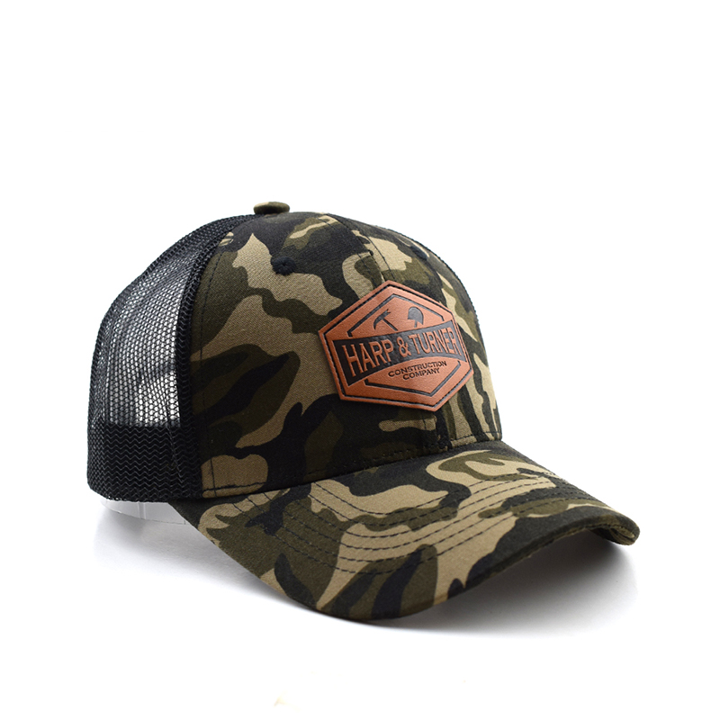 Camo Trucker Hat with Leather Patch – HARP & TURNER Construction Cap