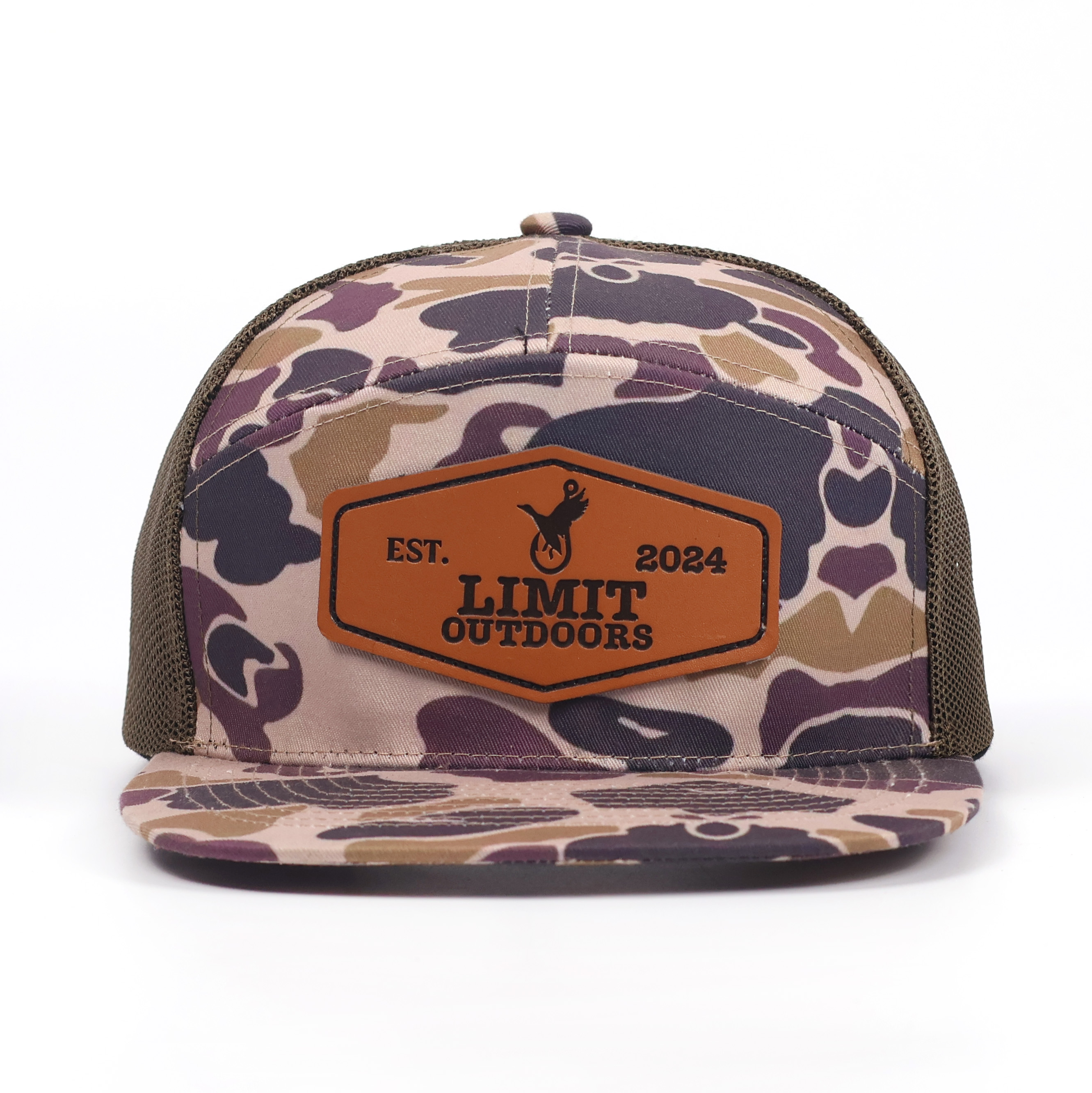 LIMIT OUTDOORS Camo Flat Brim Trucker Cap with Leather Patch – 2024 Edition