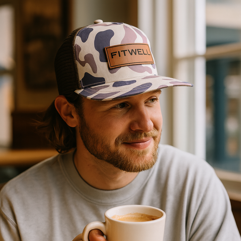 Purple Camo Mesh Trucker Hat with Leather Patch