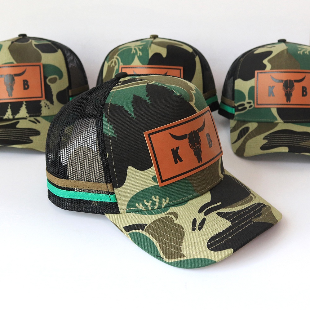 Bull Head Leather Patch Camo Trucker Hat with Mesh Back