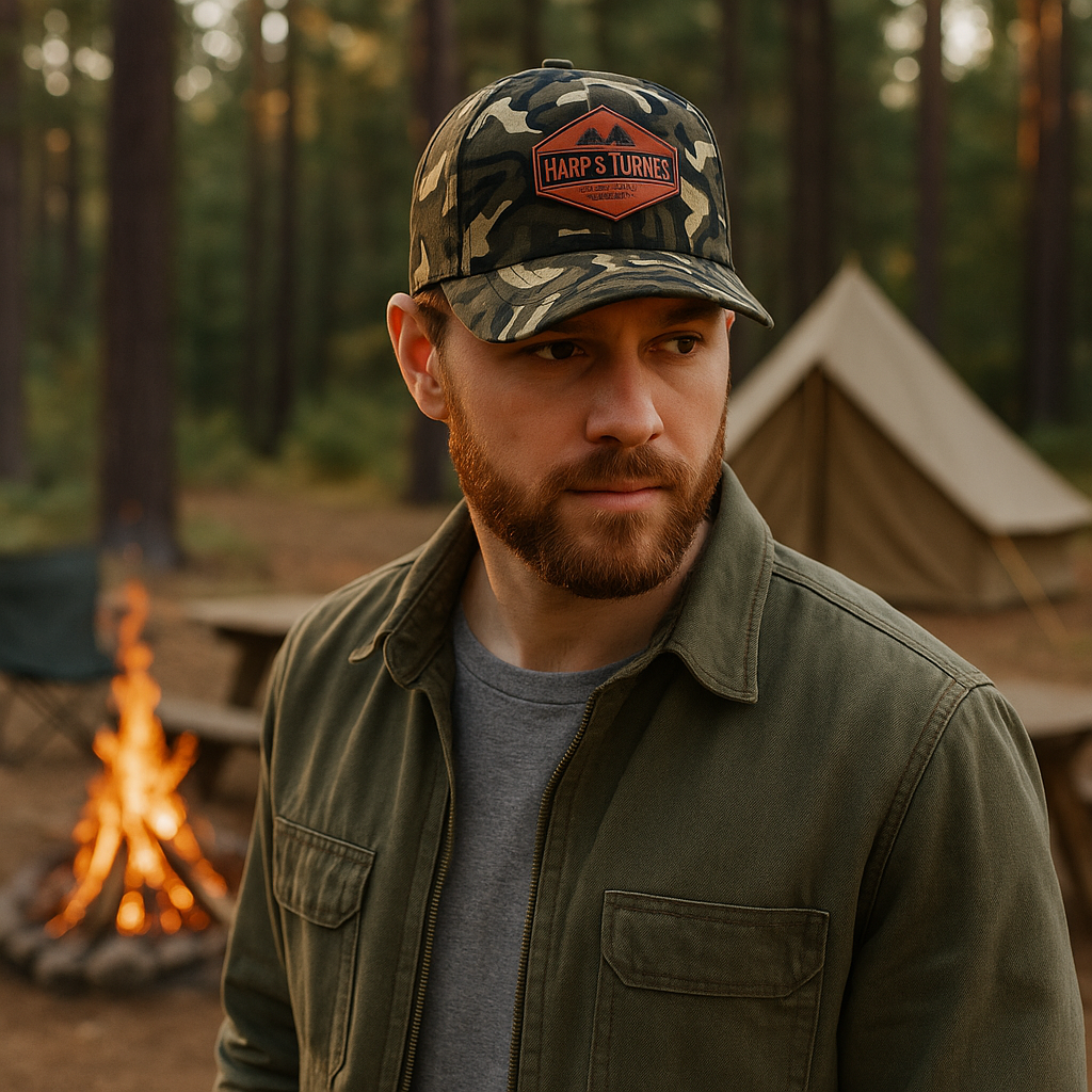 Camo Trucker Hat with Leather Patch – HARP & TURNER Construction Cap