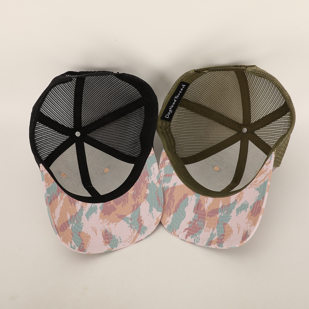 Pastel Camo Mesh Trucker Hat with Dog Logo Leather Patch - Youthful Outdoor Cap