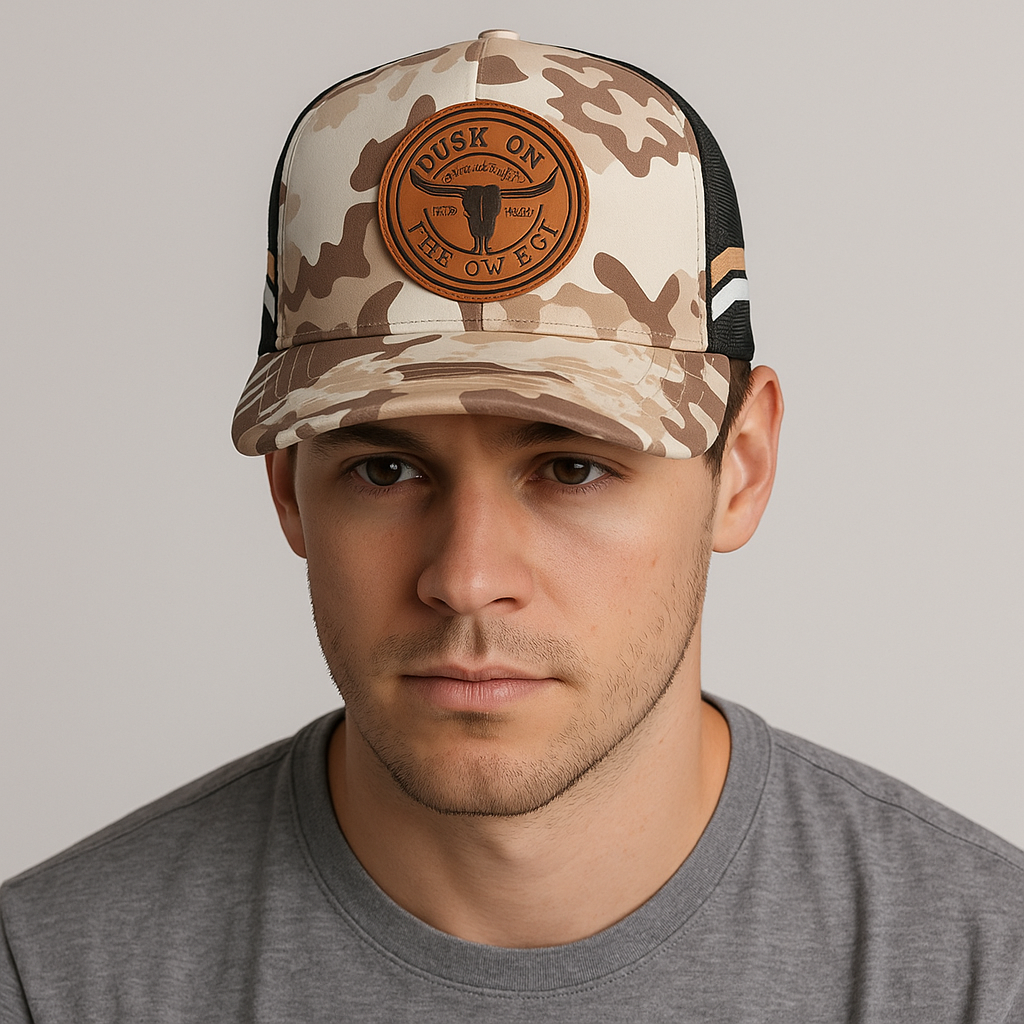 Desert Camo Trucker Cap with Bull Leather Patch – Dusk On The Downs