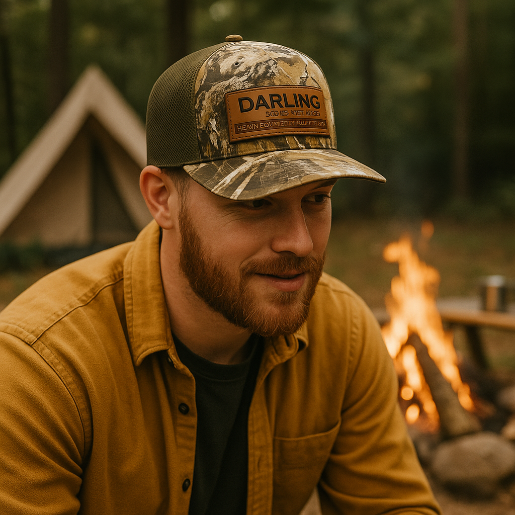 Darling Sons Camo Trucker Hat with Leather Patch