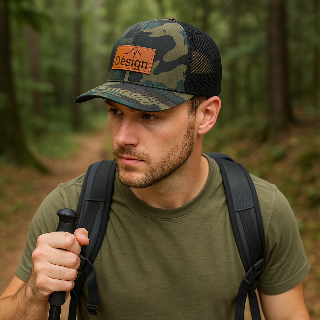 Camouflage Mesh Back Cap with Leather Patch - Stylish and Breathable Trucker Hat