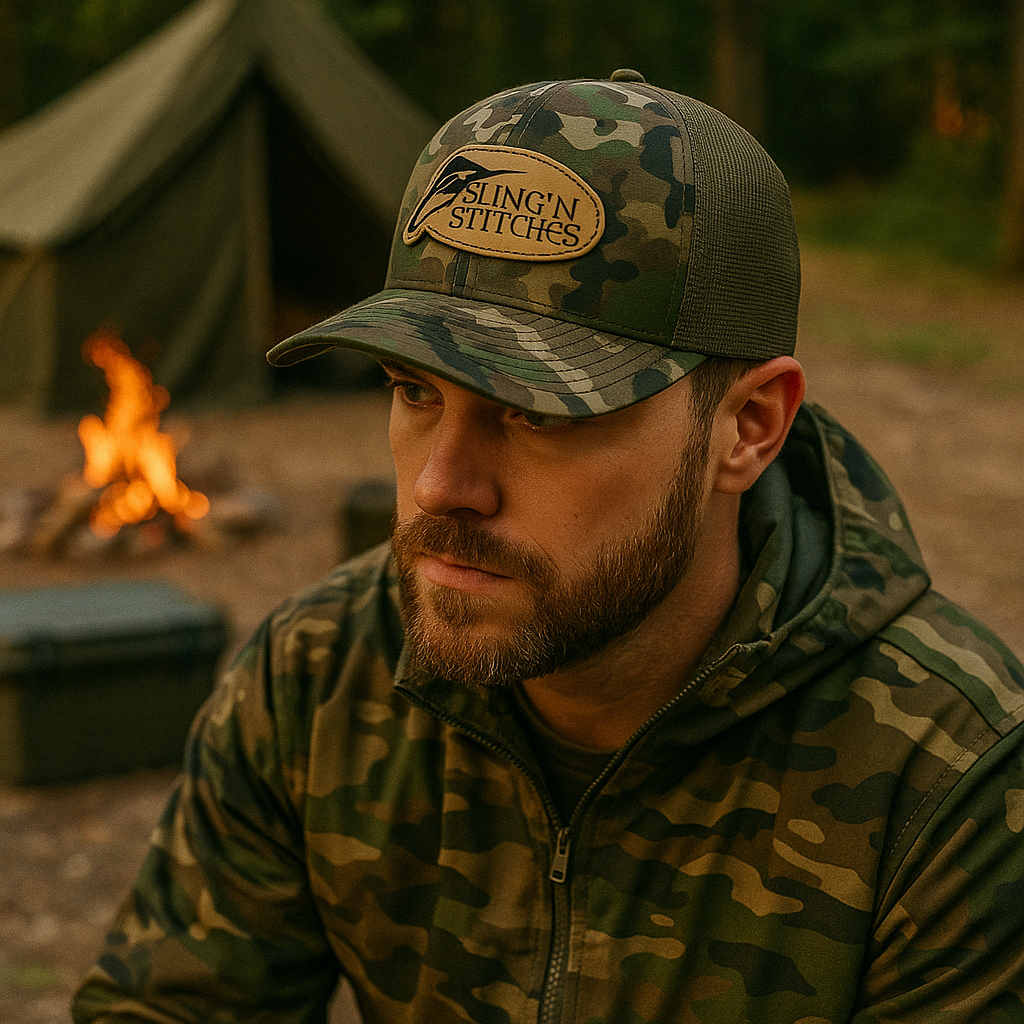 Camouflage Mesh Trucker Hat with Oval Leather Patch - Sling’n Stitches Logo Cap