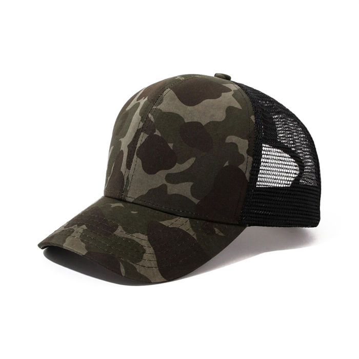 Camo Mesh Trucker Hat with Curved Brim and Adjustable Snapback