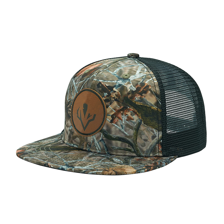 Camo Mesh Trucker Hat with Leather Patch and Flat Brim