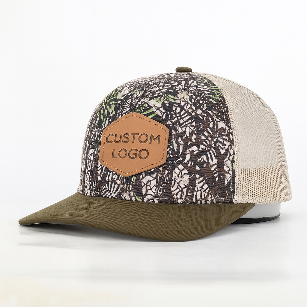 Barbecue Mesh Cap with Camouflage Print and Leather Patch - Casual Outdoor Trucker Hat