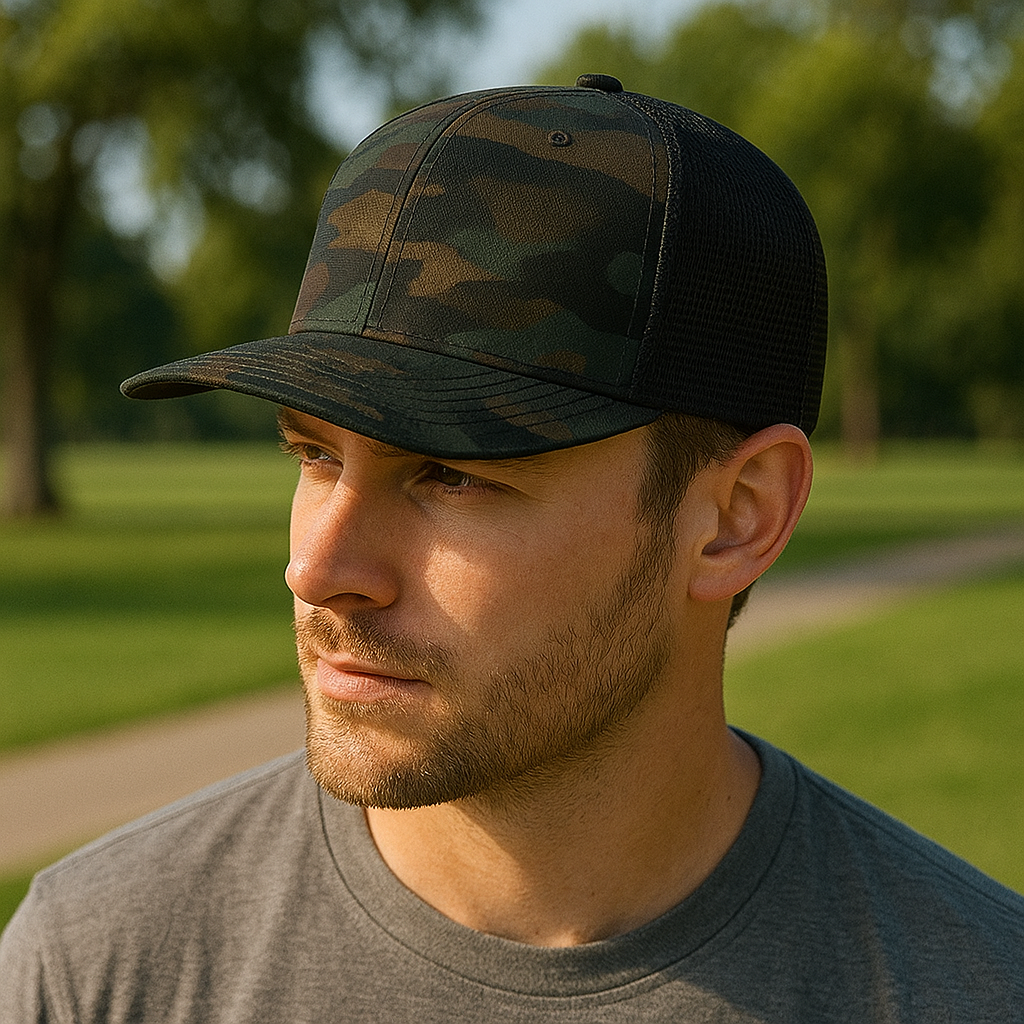 Flat Brim Dark Camo Mesh Trucker Cap with Snapback Closure – Urban Outdoor Style