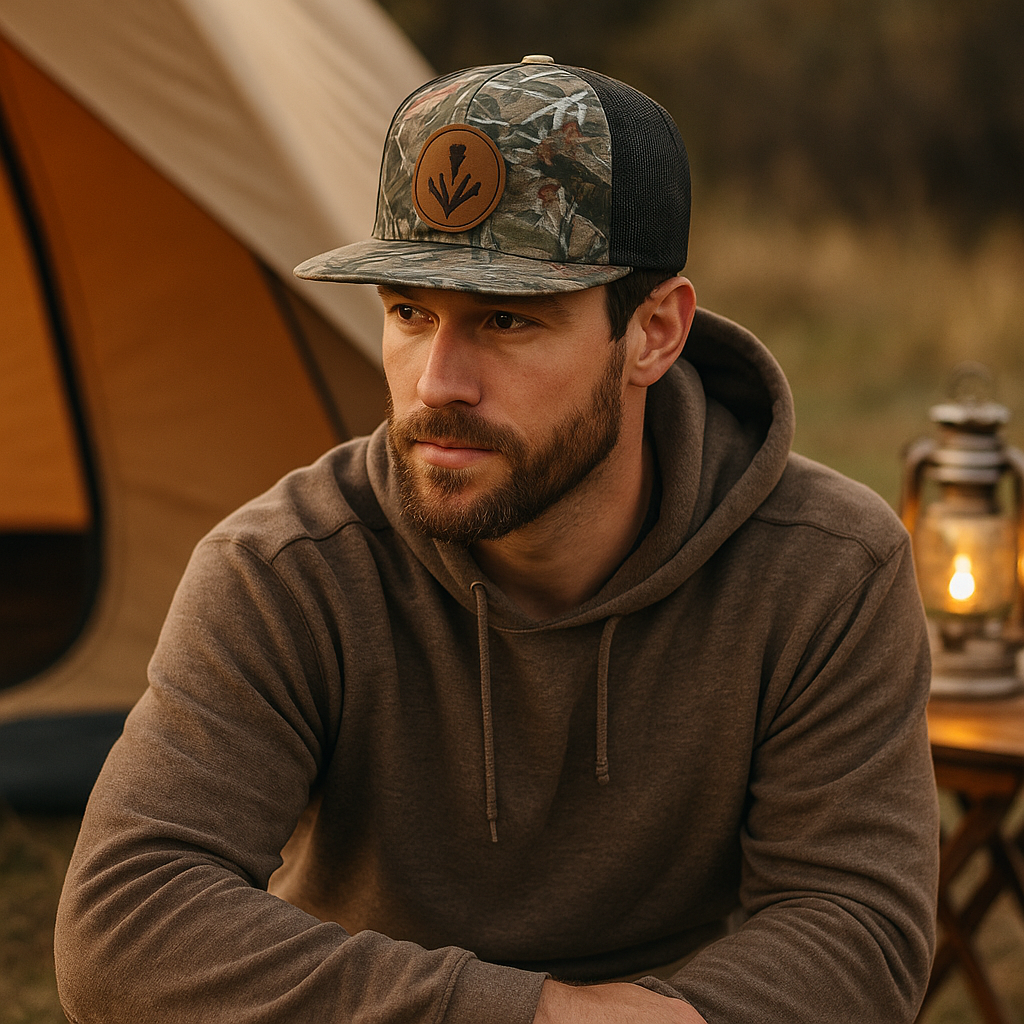 Camo Mesh Trucker Hat with Leather Patch and Flat Brim