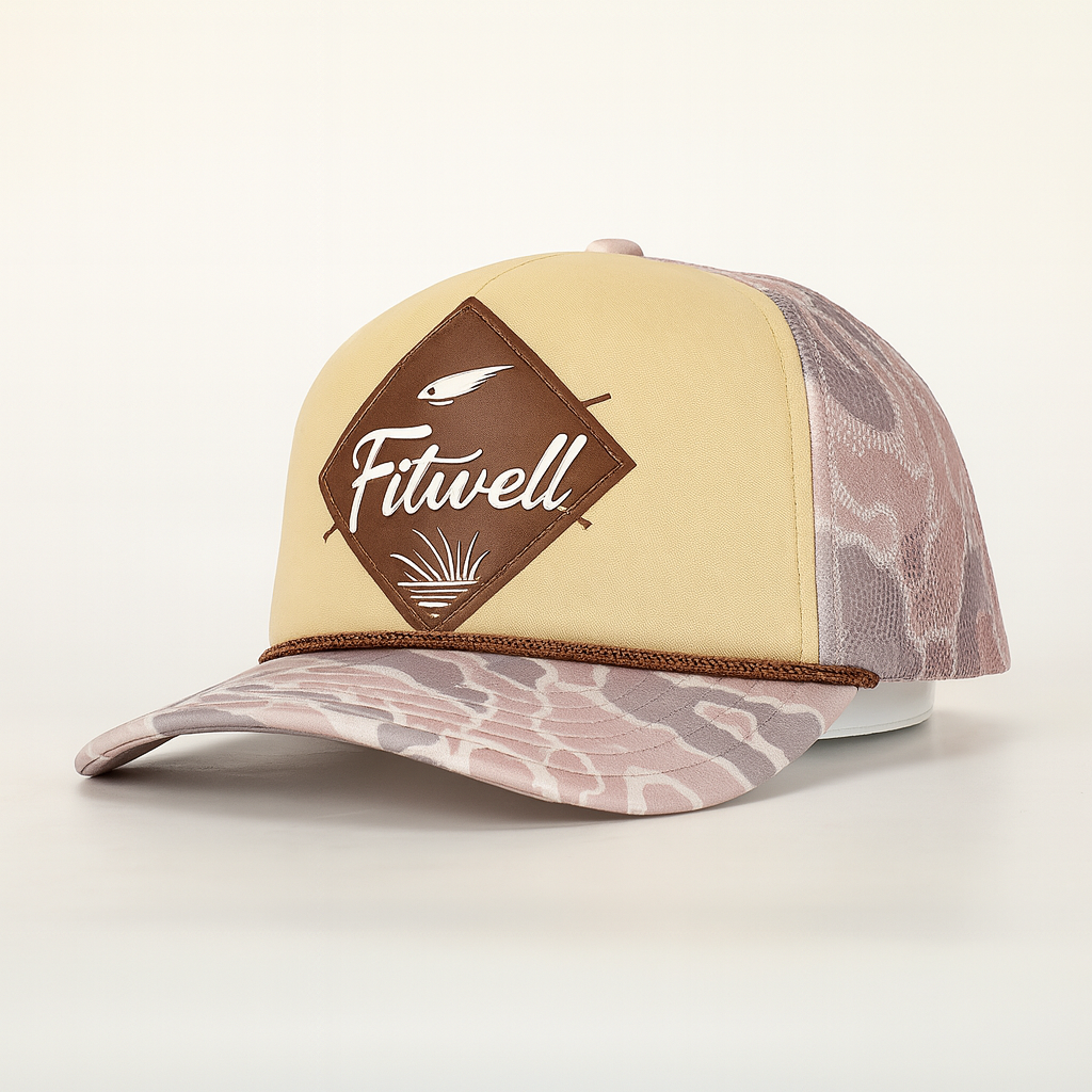 Retro Style Trucker Hat with Camo Brim and FitWell Patch