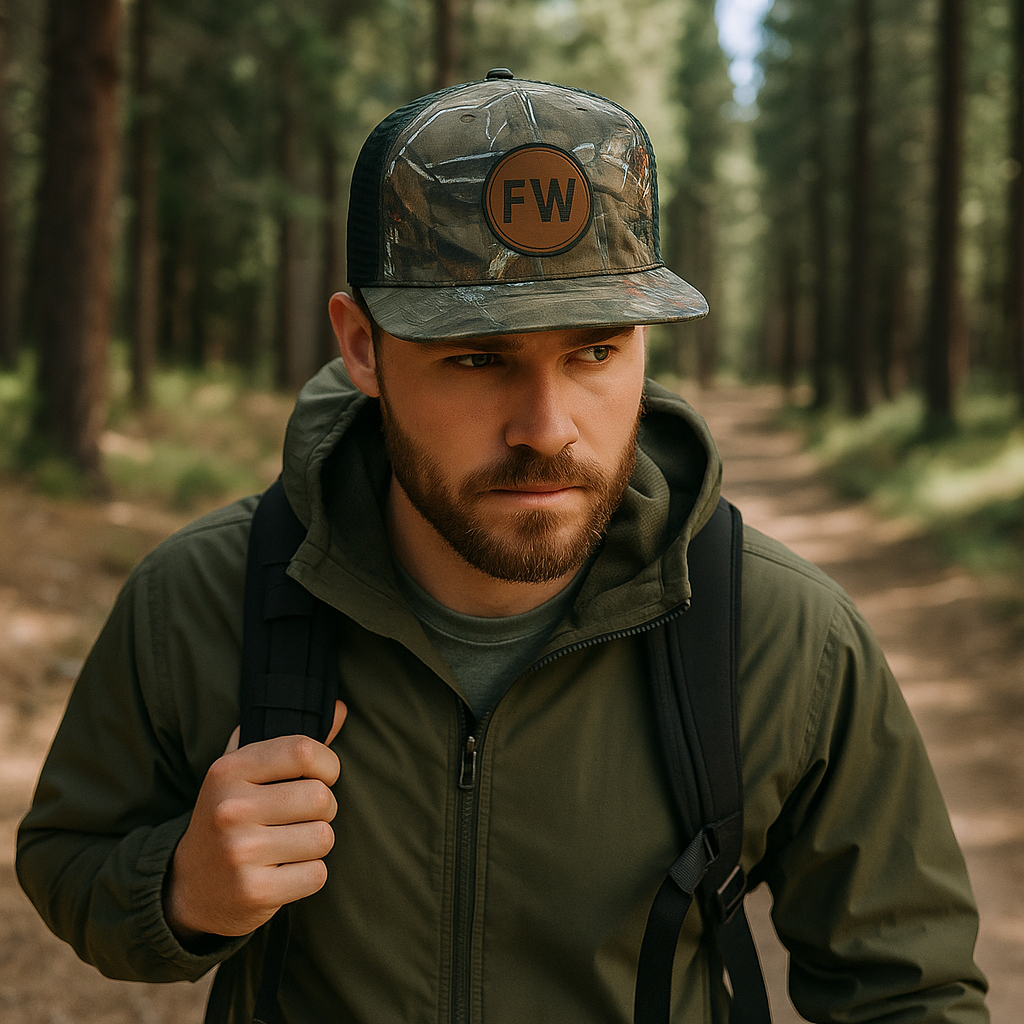 Camo Mesh Trucker Hat with Leather Patch and Flat Brim