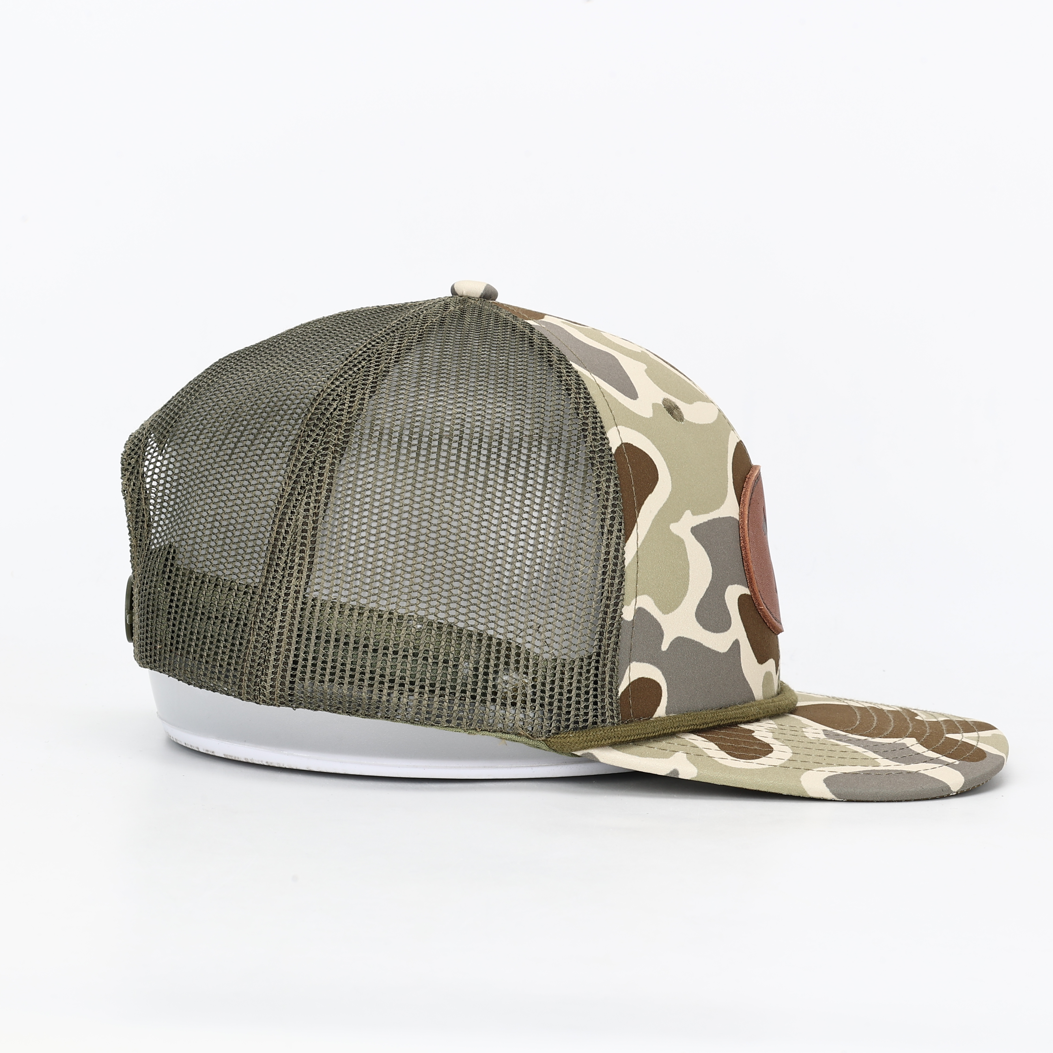 Camo Trucker Cap with Wolf Forest Leather Patch – Outdoor Adventure Hat