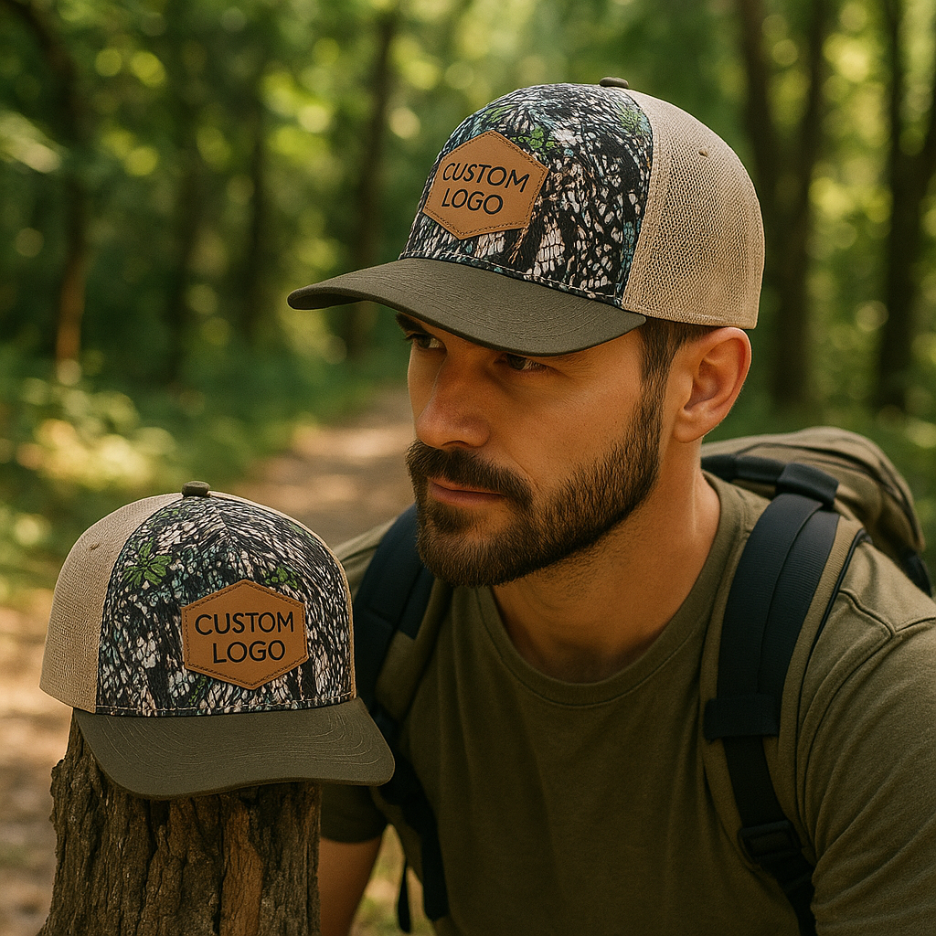 Barbecue Mesh Cap with Camouflage Print and Leather Patch - Casual Outdoor Trucker Hat