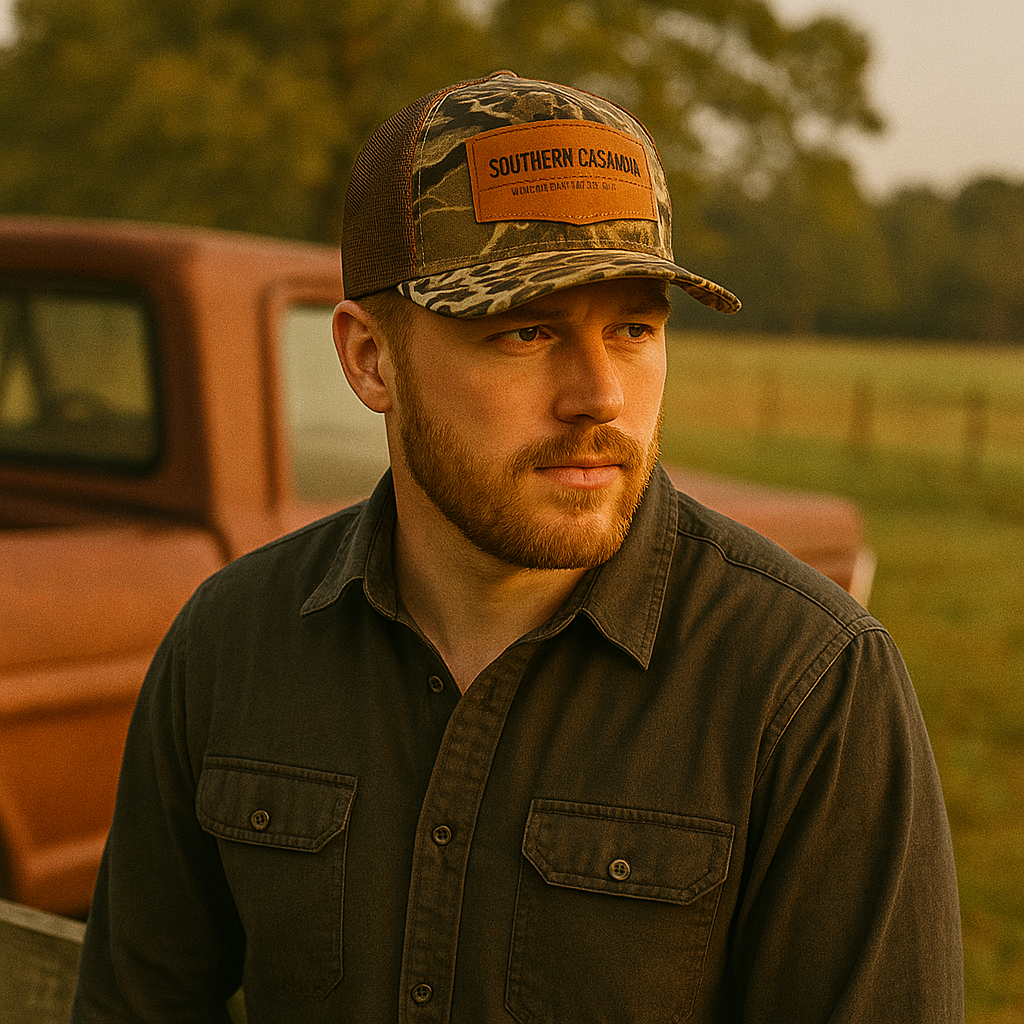 Brown Camo Mesh Back Hat with Leather Southern Casanova Patch