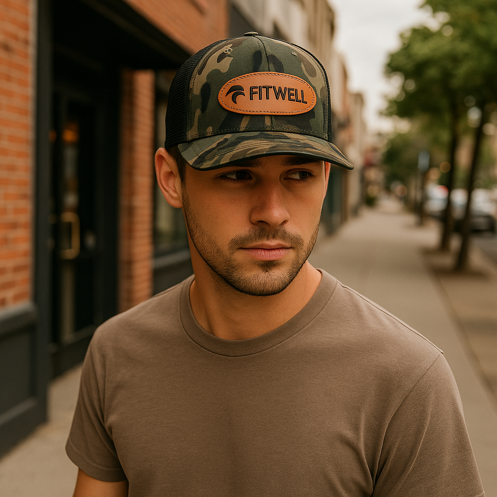 Camouflage Mesh Trucker Hat with Oval Leather Patch - Sling’n Stitches Logo Cap