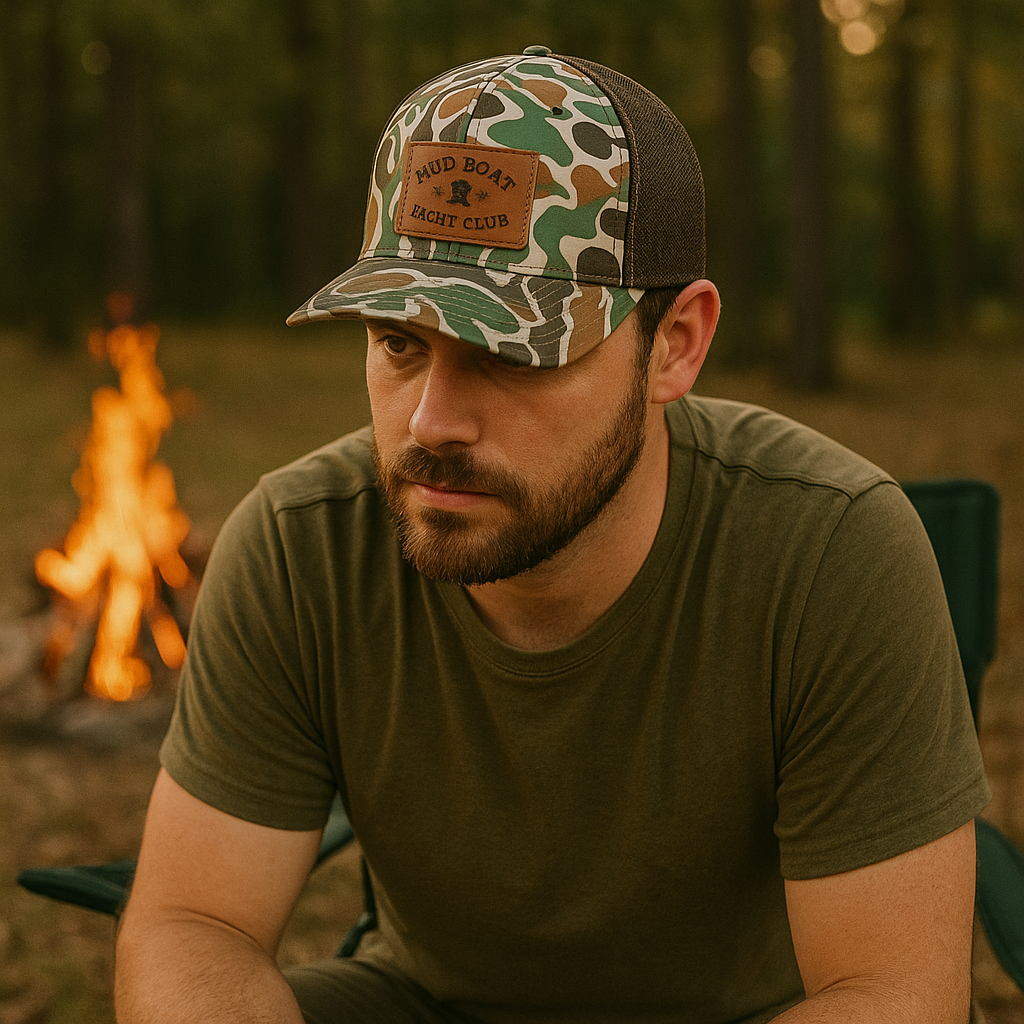 Mud Boat Yacht Club Camo Trucker Hat with Leather Patch